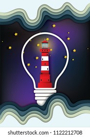 Vector and illustration graphic digital craft style,lighthouse  and star in light bulb at night time,Idea for presentation EPS10.