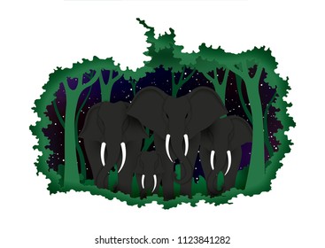 Vector , illustration graphic digital craft style,World elephant day, Concept animal in the forest,Idea for presentation EPS10.