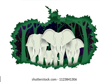 Vector and illustration graphic digital craft style,World elephant day, Concept animal in the forest,Idea for presentation EPS10.