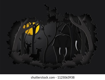 Vector and illustration graphic digital craft style, Elephant and Deer in the night forest ,Idea for presentation EPS10