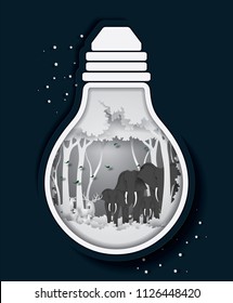 Vector and Illustration graphic digital craft style, Elephant and Deer in the  forest ,Concept animal in the light bulb, Idea for presentation,EPS10.