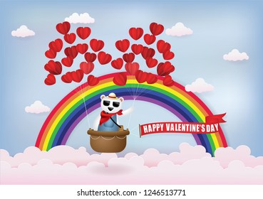 Vector and Illustration graphic digital craft style,Balloon heart with bear on the basket, floating in the sky, EPS 10.
