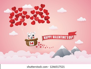 Vector and Illustration graphic digital craft style,Balloon heart with dog family on the basket, floating in the sky, EPS 10.