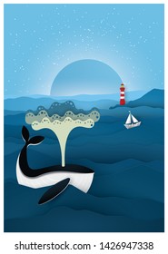 Vector and illustration graphic digital craft style, Blue whales in the sea at night.