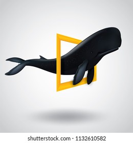 Vector and illustration graphic digital design. Whale float on the air in yellow frame isolated on white background,Dream and travel concept,Idea for presentation EPS10.