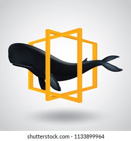 Vector and illustration graphic digital design. Whale float on the air in yellow frame isolated on white background,Dream and travel concept,Idea for presentation EPS10