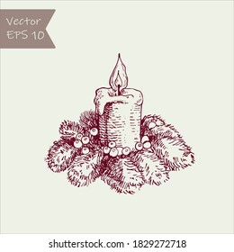Vector illustration. graphic drawing candles and holly berries and leaves. sketch freehand pen and ink