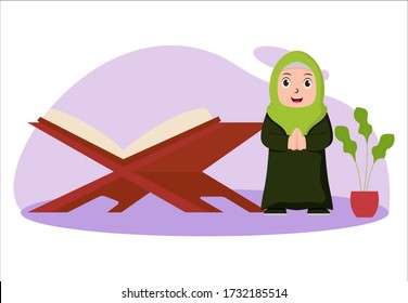 Ilustración vectorial de eid mubarak con Muslim Girl. Perfecto para carteles de ramadán, ui, ux