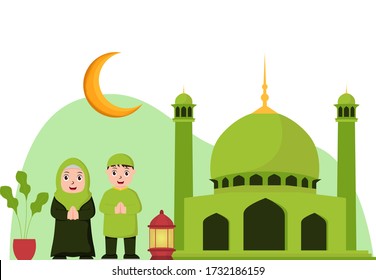 Ilustración vectorial del eid mubarak con la pareja musulmana. Perfecto para carteles de ramadán, ui, ux