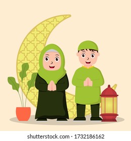Ilustración vectorial del eid mubarak con la pareja musulmana. Perfecto para carteles de ramadán, ui, ux