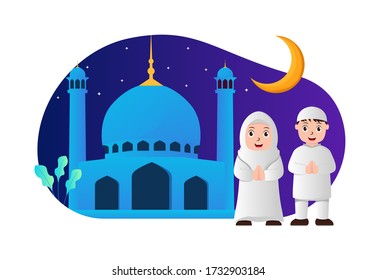 Ilustración vectorial del eid mubarak con la pareja musulmana en la mezquita. Perfecto para carteles de ramadán, ui, ux