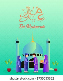 Vector illustration graphic of eid mubarak with Muslim Couple at the Mosque. Perfect for ramadan posters, ui, ux