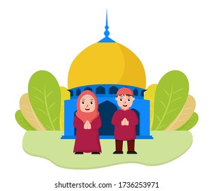 Ilustración vectorial del eid mubarak con la pareja musulmana en la mezquita. Perfecto para carteles de ramadán, ui, ux