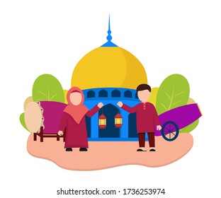 Ilustración vectorial del eid mubarak con la pareja musulmana en la mezquita. Perfecto para carteles de ramadán, ui, ux