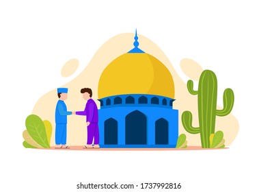 Vector illustration graphic of eid mubarak with Muslim Couple at the Mosque. Perfect for ramadan posters, ui, ux