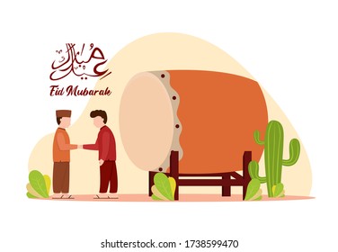 Vector illustration graphic of eid mubarak with Muslim people. Perfect for ramadan posters, ui, ux