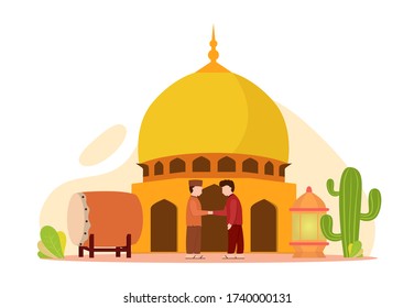 Ilustración vectorial de eid mubarak con musulmanes. Perfecto para carteles de ramadán, ui, ux