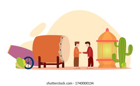 Vector illustration graphic of eid mubarak with Muslim people. Perfect for ramadan posters, ui, ux