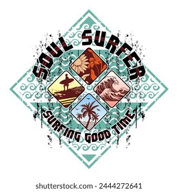 Vector illustration of graphic elements alluding to surfing, with surfer silhouette, wave, flowers, coconut trees and text. Design for prints.