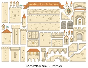 Vector illustration: graphic elements of the european middle ages royal castle isolated on white background - design your own castle for your pattern or web-site
