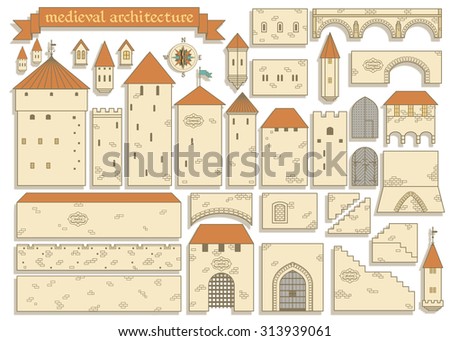 Vector illustration: graphic elements of the european middle ages royal castle isolated on white background - design your own castle for your pattern or web-site
