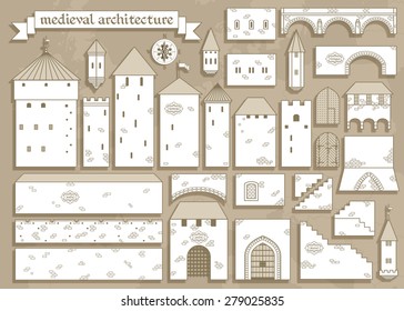 Ilustración del vector: elementos gráficos del castillo real de la Edad Media - diseñar su propio castillo para su patrón o sitio web 