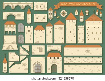 Vector illustration: graphic elements of the middle ages european royal castle - design your own castle for your pattern or web-site isolated on dark green background