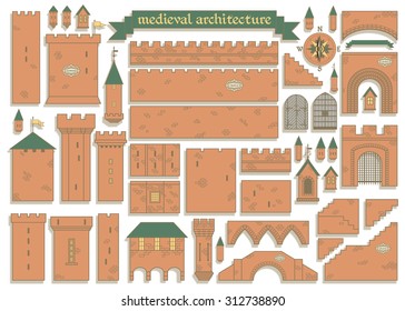 Vector illustration: graphic elements - parts of the middle ages royal castle isolated on white background - design your own castle for your pattern or web-site 