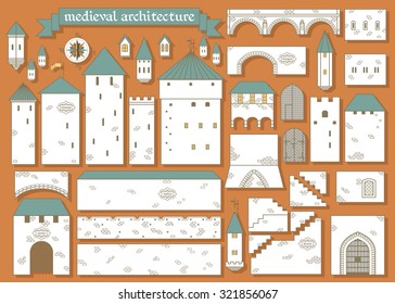Vector illustration: graphic elements parts of the middle ages royal castle isolated on ginger background - design your own castle for your pattern or web-site

