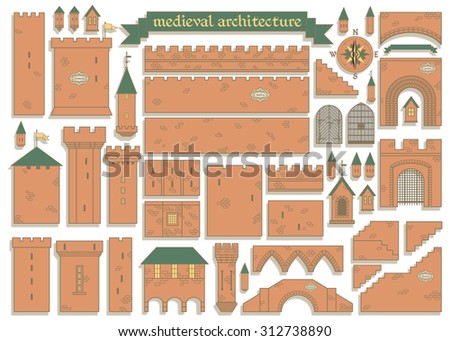 Vector illustration: graphic elements - parts of the middle ages royal castle isolated on white background - design your own castle for your pattern or web-site 