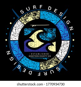 Vector illustration of graphic elements related to surfing. Illustration with text, graphic waves and palm leaves.