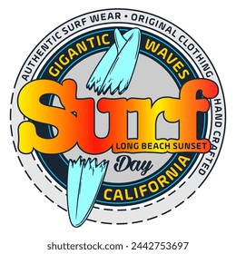 Vector illustration of graphic elements related to surfing, with surfer board and text. Design for prints, posters, banners, etc...