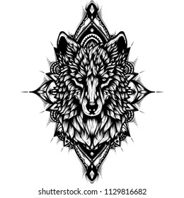 Vector illustration of graphic elements and wolf for tattoo, design, t-shirt, posters and more 