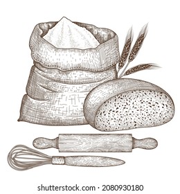 Vector illustration graphic flour bag, bread, rolling pin, whisk and spikelets