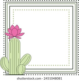 Vector illustration of a graphic frame made of lines and dotted lines decorated with a cartoon cactus