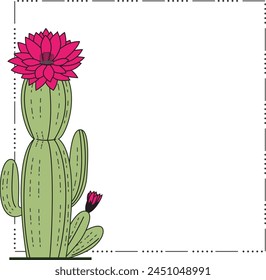 Vector illustration of a graphic frame made of lines and dotted lines decorated with a cartoon cactus