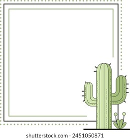 Vector illustration of a graphic frame made of lines and dotted lines decorated with a cartoon cactus
