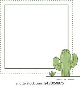 Vector illustration of a graphic frame made of lines and dotted lines decorated with a cartoon cactus
