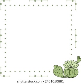 Vector illustration of a graphic frame made of lines and dotted lines decorated with a cartoon cactus