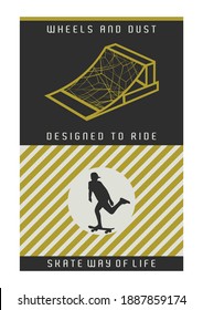 Vector illustration of graphic and geometric elements, added to motifs alluding to the practice of skateboarding. Drawing in flat, well-defined colors, suitable for posters, t-shirt prints and etc.