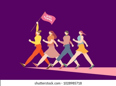 Vector Illustration Graphic Group Of Women Walking, Girls, Power, Strong, Strength
