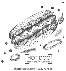 Vector illustration with graphic hot dog on the  white background