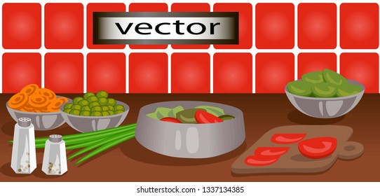 Vector illustration graphic image cooking in the kitchen, dishes and products laid out on the table cooking recipe