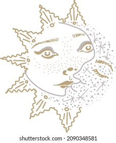 Vector illustration. Graphic image of the sun and moon. Isolated, on a white background