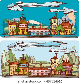 Vector illustration of graphic landscape and buildings. Hand drawn engraving sketch.
