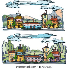 Vector illustration of graphic landscape and buildings. Hand drawn engraving sketch.