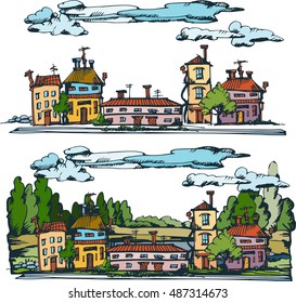 Vector illustration of graphic landscape and buildings. Hand drawn engraving sketch.