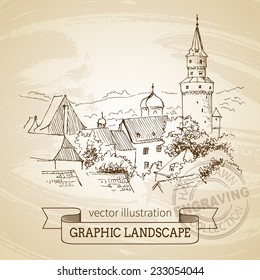 Vector illustration of graphic landscape. Hand drawn engraving sketch