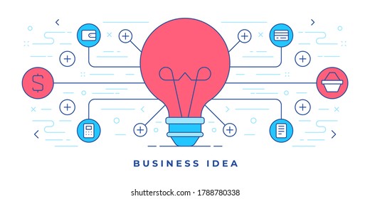 Vector illustration of graphic line banner with light bulb and graphic icons for website offering ideas and modern business. Linear style design template.