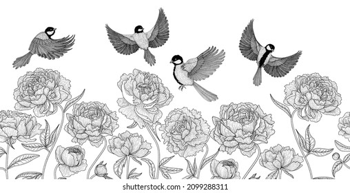 Vector illustration graphic linear flowers and leaves of peonies and 4 birds in flight